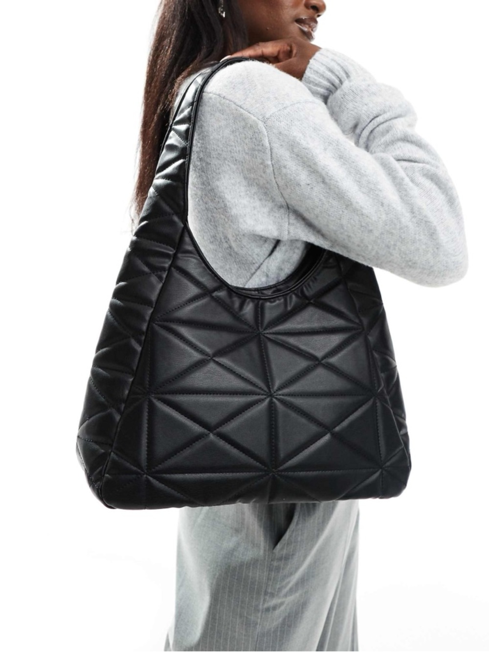 Glamorous Quilted Triangle-Pattern Black Shoulder Bag